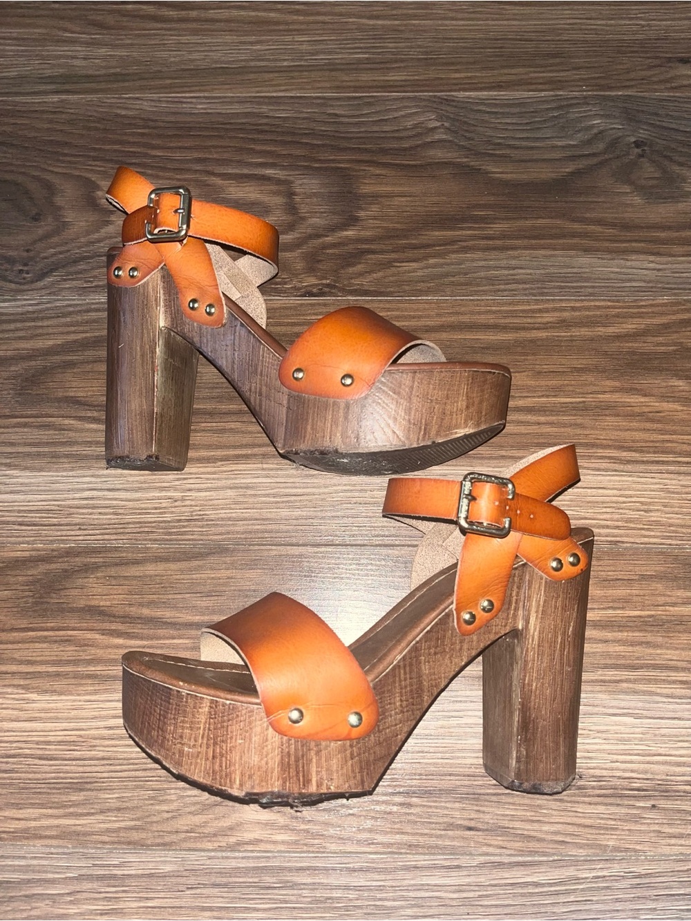 Women's Orange Leather Platform Sandals with Wood-Effect Block Heel